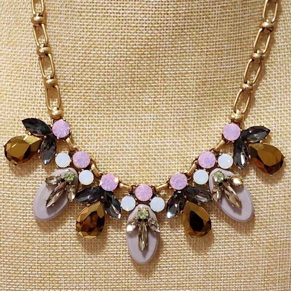 J. Crew Lavender Amber Crystal Gold Tone Statement Bib Necklace Adjustable